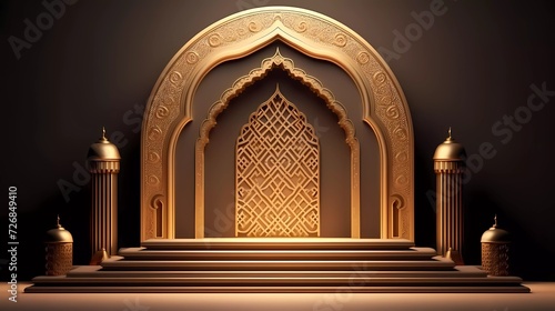 3d illustration of Luxury Islamic Podium with gold border, traditional Islamic window frame. Horizontal Arabic banner for product exhibition, brown background. generative ai photo