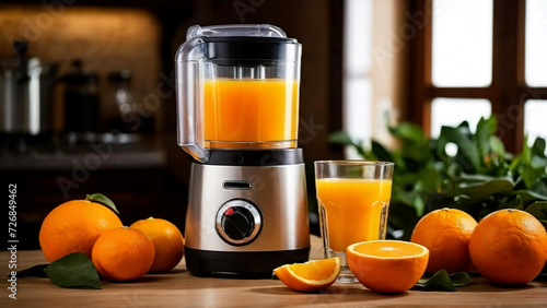 Aparato exprimidor electrónico junto a un vaso con zumo de naranja y a unas naranjas sobre una mesa en una cocina photo