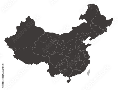 中国と台湾のシンプルな地図、省（市・区）の境界線入り、モノクロ