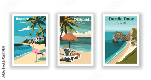 Bonaire, Caribbean. Cozumel, Mexico. Durdle Door, Dorset - Vintage travel poster. High quality prints.
