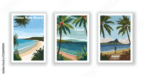Kauai, Hawaii. Lanai, Hawaii. Noosa Main Beach, Australia - Vintage travel poster. High quality prints. © ImageDesigner