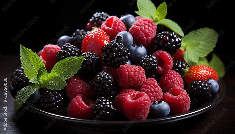 Freshness of nature gourmet berries on wooden table generated by AI Freshness of nature gourmet berries on wooden table generated by AI