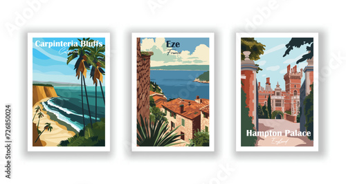 Carpinteria Bluffs, California. Eze, France. Hampton Palace, England - Vintage travel poster. High quality prints