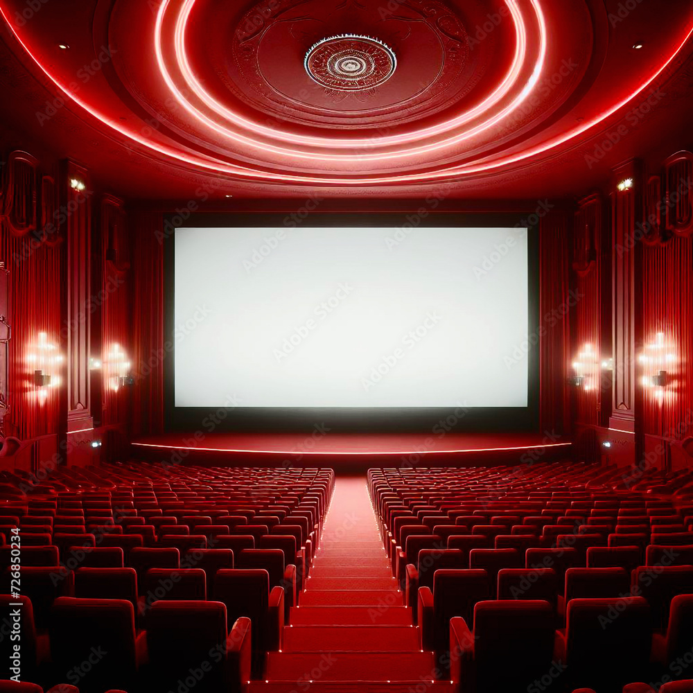 Red movie theater venue displaying an empty auditorium and a blank white screen Red movie theater venue displaying an empty auditorium and a blank white screen