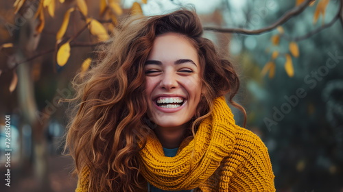 A young woman laughing. a woman with long hair smiling and looking at the camera. Generative AI.