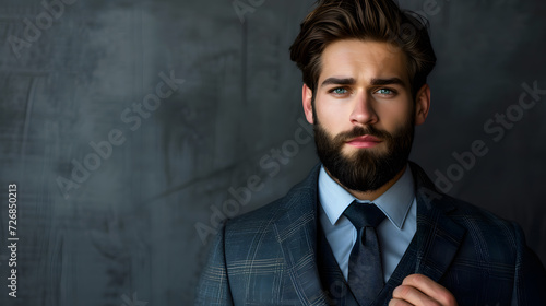 A man with a beard wearing a suit and tie, looking confident. cool and handsome, smart. Generative AI.