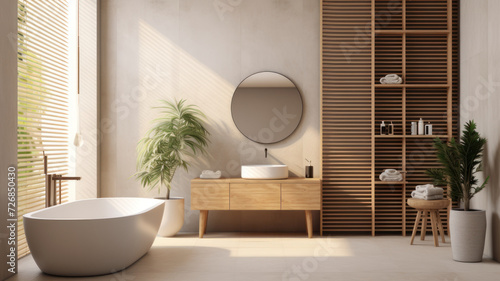 white minimalist bathroom interior with decor in eco style