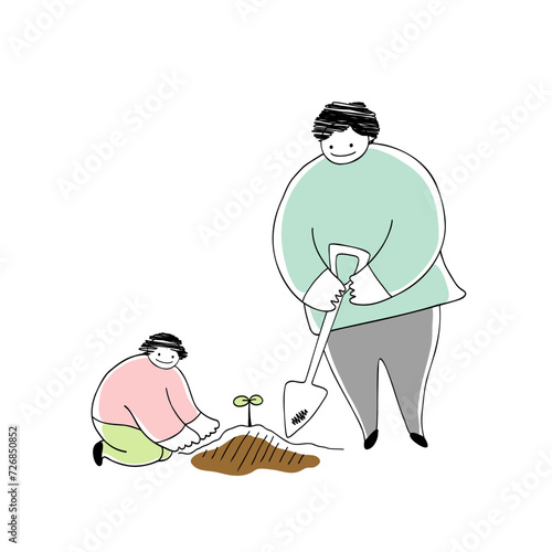 苗を植える親子の線画イラスト