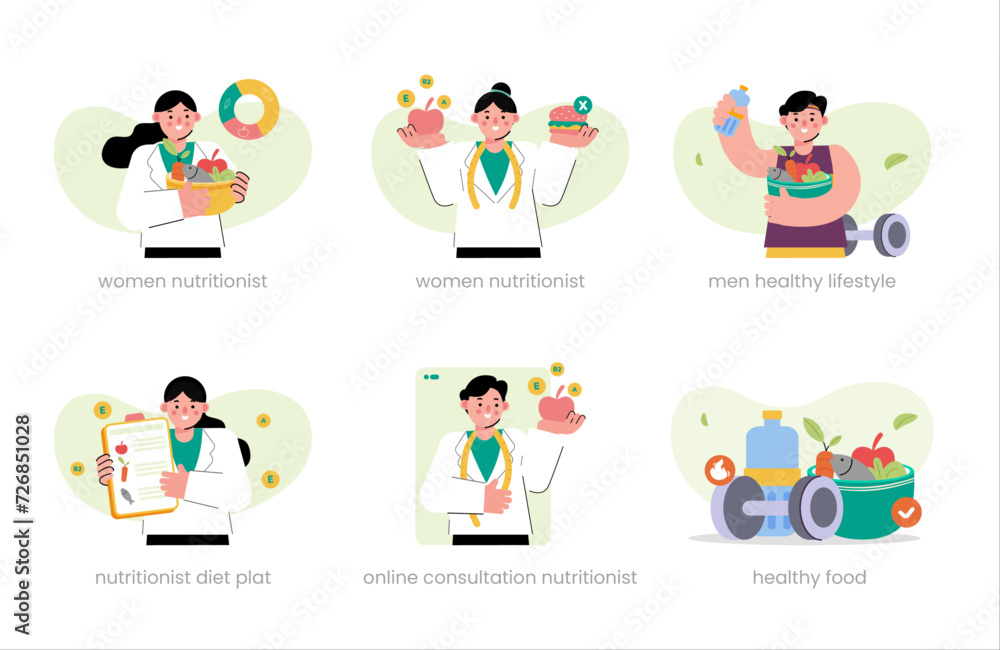 Set of Nutritionist set. women nutritionist, men healthy lifestyle ,nutritionist diet plat, online consultation nutritionist, healthy food 