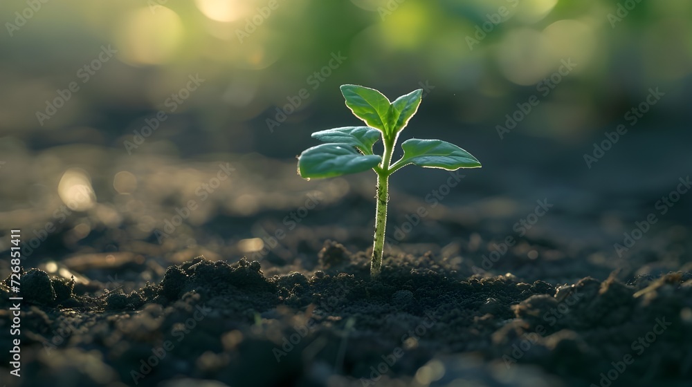 A small plant is seen sprouting out of the ground. This image can be used to depict growth, new beginnings, or nature's resilience A small plant is seen sprouting out of the ground. This image can be used to depict growth, new beginnings, or nature's resilience