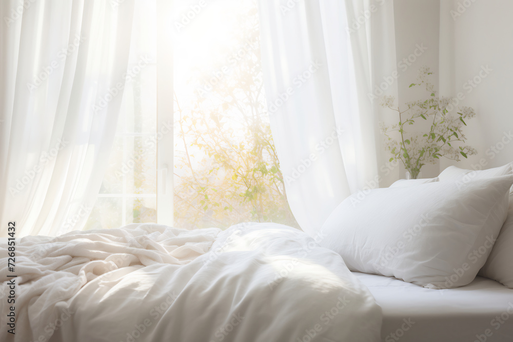 Bright and Airy Bedroom with Soft White Bedding and Sheer Curtains. Cozy Home Interior Concept Bright and Airy Bedroom with Soft White Bedding and Sheer Curtains. Cozy Home Interior Concept