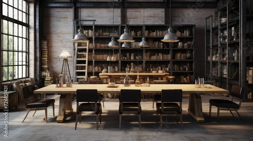 Room with communal table  chairs  industrial regale and cart