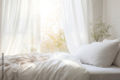 Bright and Airy Bedroom with Soft White Bedding and Sheer Curtains. Cozy Home Interior Concept