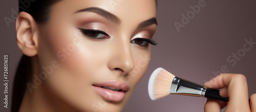 Flawless Beauty Portrait of a Model Applying Blush with Makeup Brush on a Soft Pink Background. Cosmetics and Makeup Technique Concept