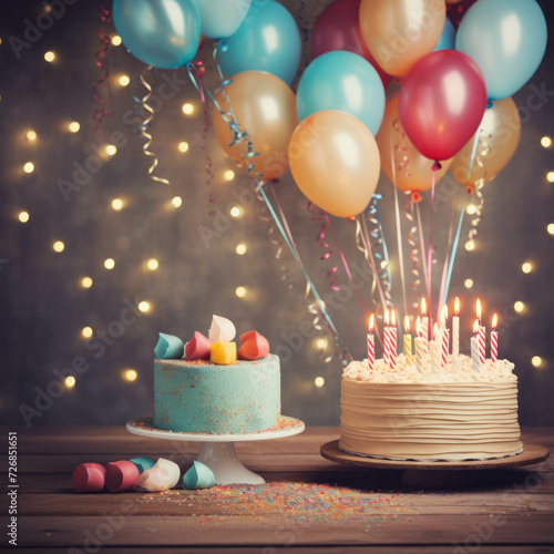 Elevate your celebration with a visually delightful birthday background, featuring balloons, a cake, and the expression 'happy birthday.' This AI generative.