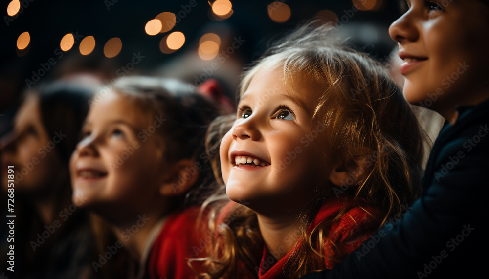 Smiling girls, cheerful and cute, indoors playing with Christmas lights generated by AI Smiling girls, cheerful and cute, indoors playing with Christmas lights generated by AI