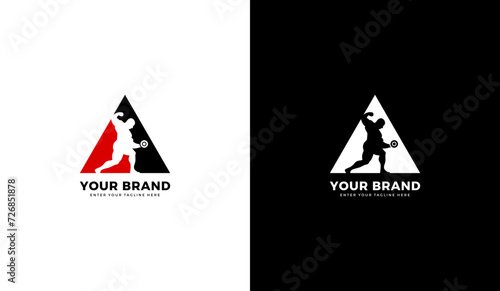 Gym and fitness logo. Silhouettes of man lifting barbell or dumbbell. Graphic vector