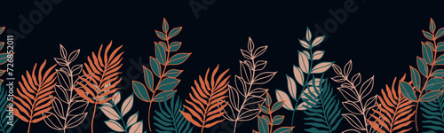 A decorative border of branches is highlighted on a white background. A pattern of leaves. Vector illustration. For nature, eco and design. Hand-drawn plants, a frame for a postcard.