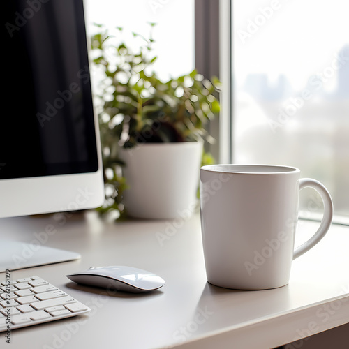 Minimalistic coffee cup on a modern office desk.