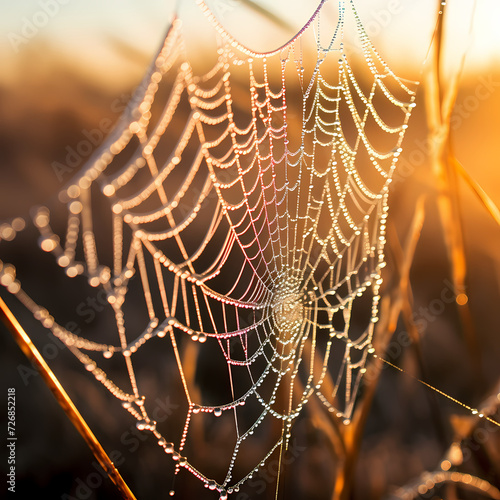 Close-up of a dew-covered spider web at sunrise.
