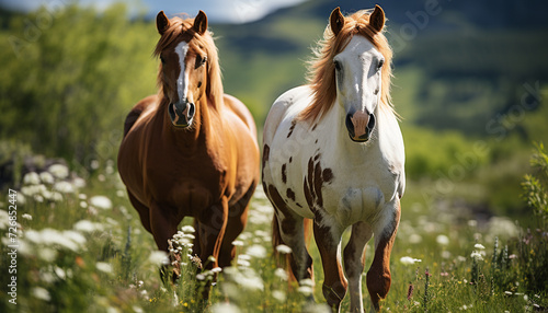 Horse running in meadow, enjoying freedom and beautiful nature generated by AI