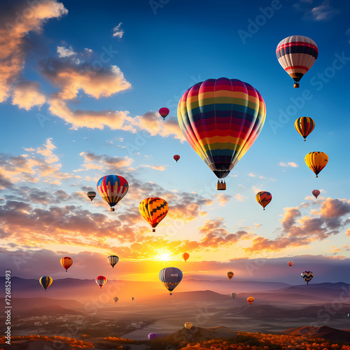 Colorful hot air balloons ascending at dawn.