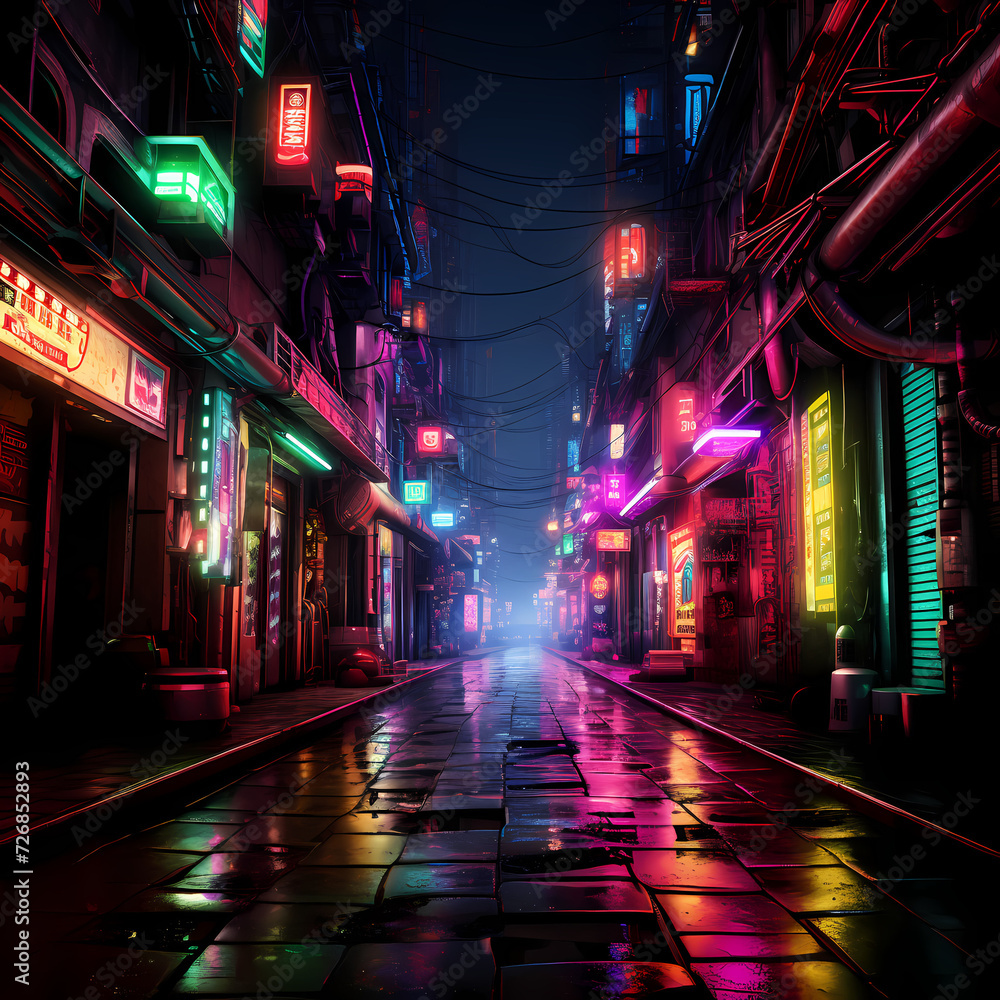 Cyberpunk alleyway with rain-soaked neon lights.