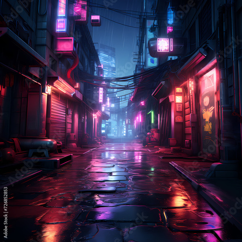 Cyberpunk alleyway with rain-soaked neon lights. © Cao