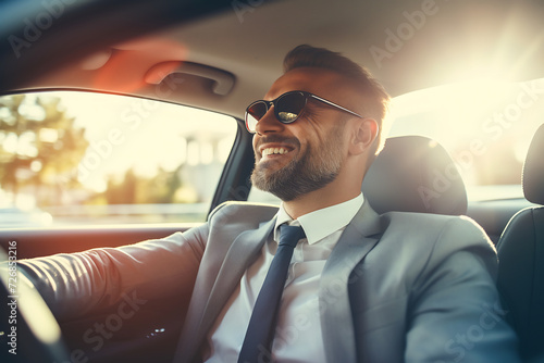 Confident Businessman with a Beard Driving Car in Sunshine. Modern Commuter and Success Concept © AspctStyle