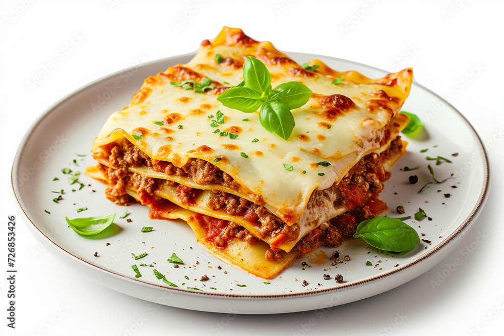 Lasagne isolated on white background. Piece of lasagna with bolognese sauce on plate. Italian cuisine food on a plate