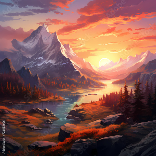 Mountain range with a vibrant sunset. 