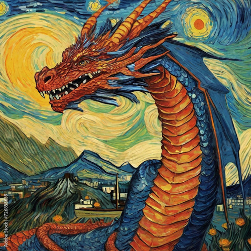 Van Gogh Dragon Dutch Style Painting Starry Night Year of the Dragons Brushstroke Creative Ai Arts Imagination Print. 