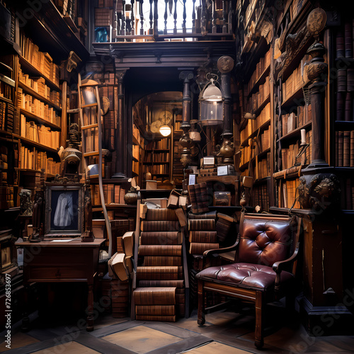 Old bookstore with dusty shelves and leather-bound books © Cao