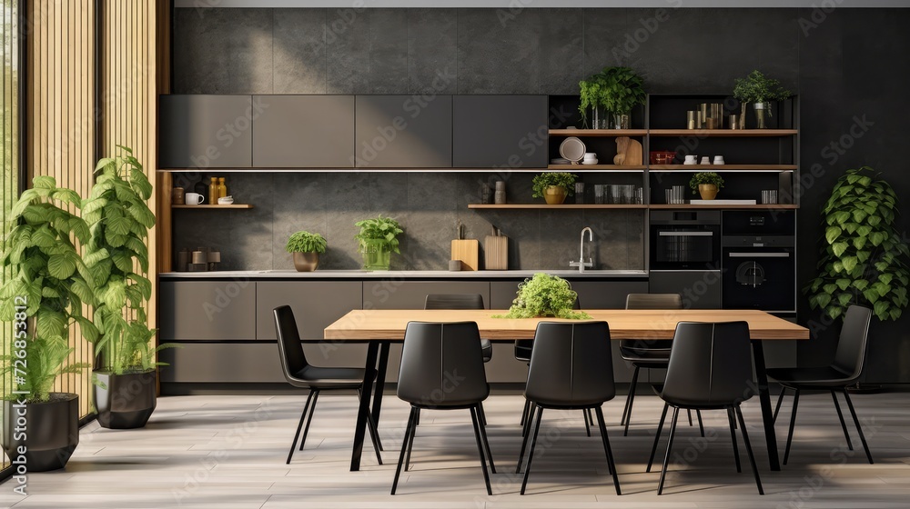 Stylish kitchen interior design with dining space. Workspace with ...