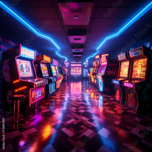 Retro arcade with glowing neon signs.