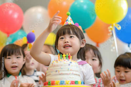 A group of Asian children celebrating a birthday with cake.