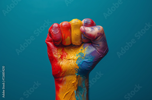 A raised fist painted with the pride rainbow on a colored background. photo