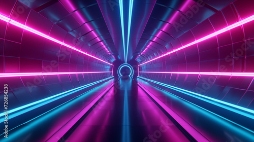 Futuristic neon-lit tunnel with glowing pink and blue lights