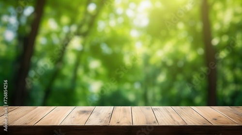 A brown wooden table on a background of blurred greenery for product demonstration or advertising , a place for text