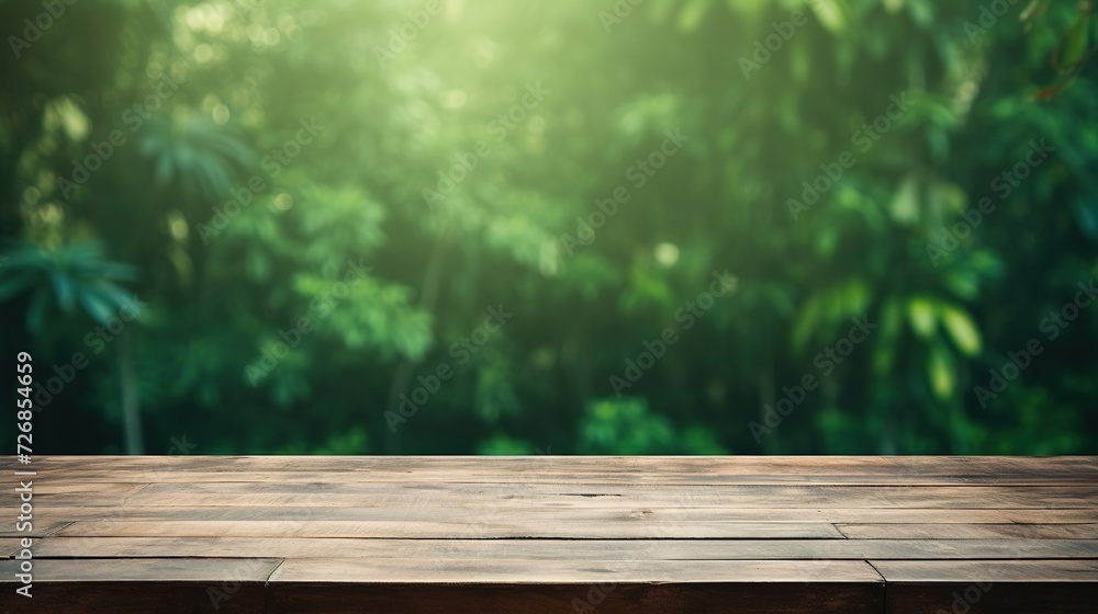 A brown wooden table on a background of blurred greenery for product demonstration or advertising , a place for text A brown wooden table on a background of blurred greenery for product demonstration or advertising , a place for text