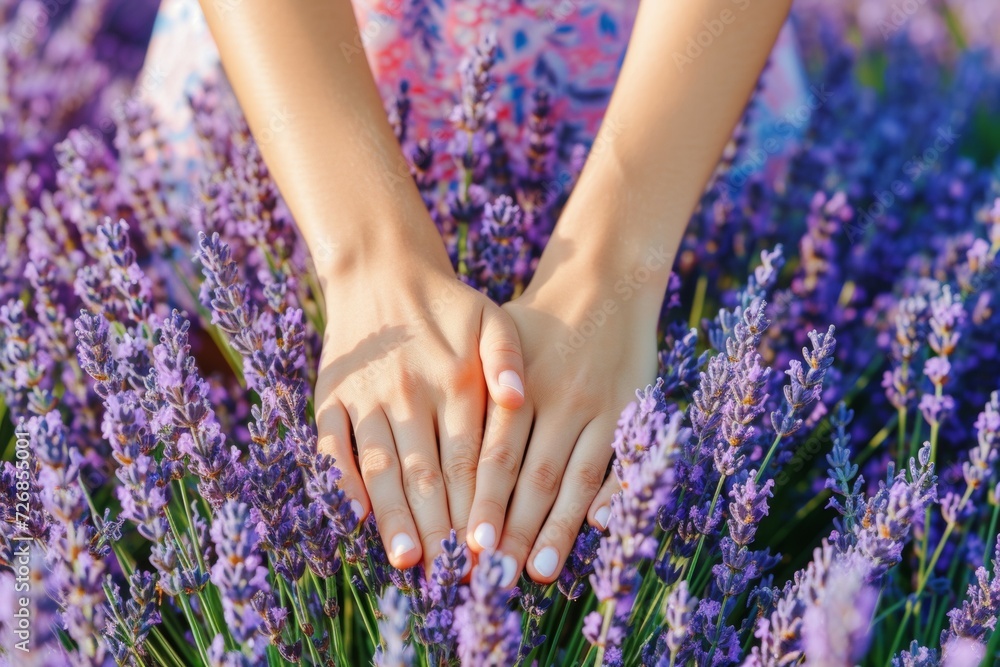 Women's hands and lavender. Background with selective focus and copy space Women's hands and lavender. Background with selective focus and copy space