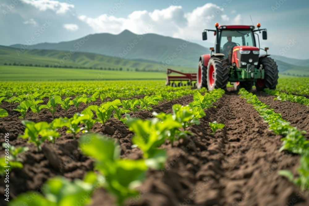 Agricultural field with tractor in out of focus. Background with selective focus and copy space