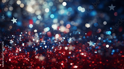 Abstract red white blue glitter star sparkle lights bokeh background. 4th of July USA Independence Day. for artwork graphic design. copy text space.