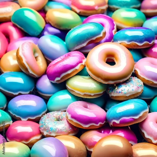 an realistic lots donuts pastel rainbow, big shiny beautiful sparkle, pastel rainbow with iridescent glowing highlights, fantasy, shiny, opal, iridescent, glowing, shimmering, bright rococo style, sce