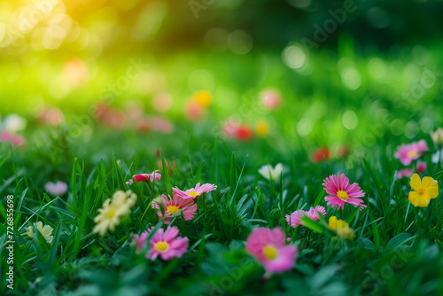 Blooming meadow or spring meadow with wildflowers. Background with selective focus and copy space