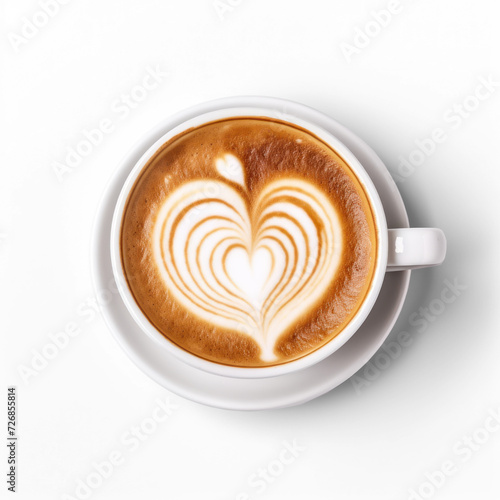 Top view of hot coffee cappuccino latte art heart shape foam isolated on transparency background PNG