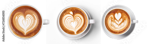 Top view of hot coffee cappuccino latte art heart shape foam isolated on transparency background PNG