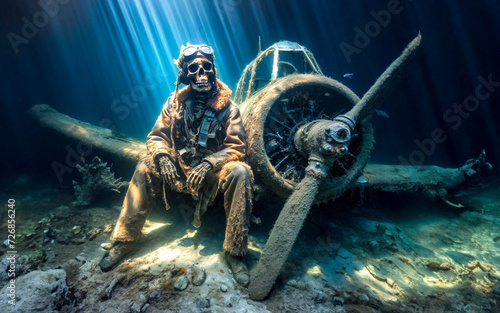 The skeletal remains of a World War 2 pilot dressed in his uniform sits near hist crashed fighter aircraft at the bottom of the sea  photo