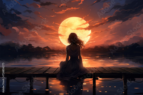 anime style illustration, a girl sitting on a pier