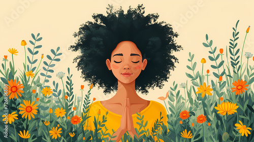Peaceful woman in meditation among vibrant flowers, embodying serenity, wellness, and natural beauty for relaxation-themed content. AI Generative